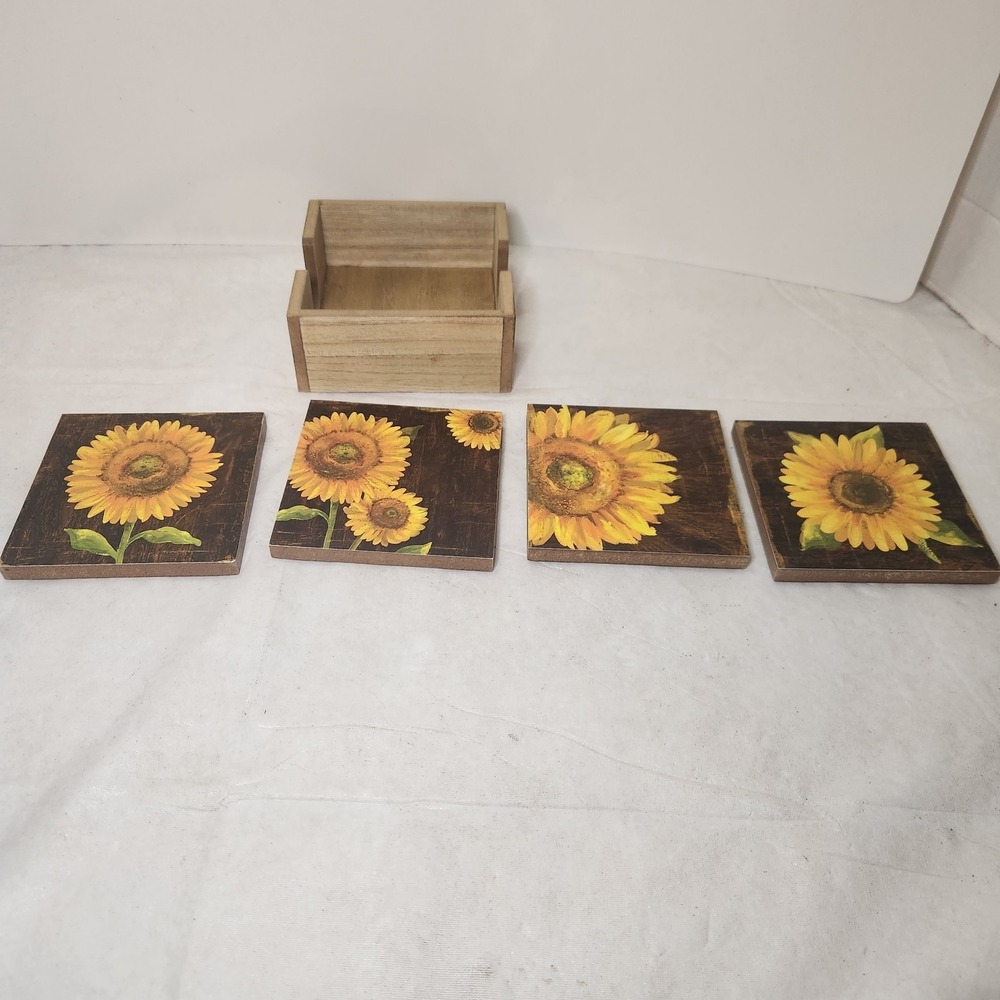 Ganz Hand Painted Sunflowers Glass Mug Cup Flowers Coasters Set Of 4 Wood